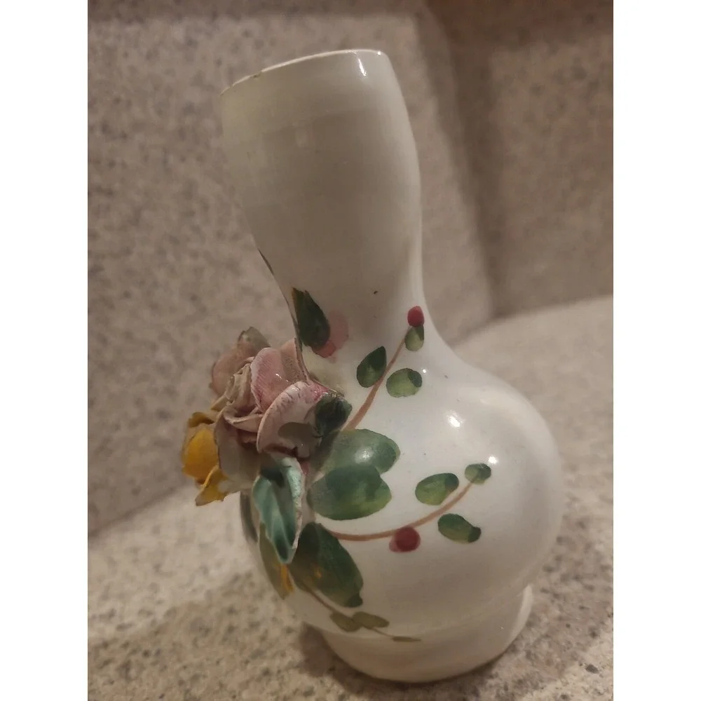 Bud Vase 3D Rose applique Flowers ITALY hand painted Fine Porcelain Antique Rare